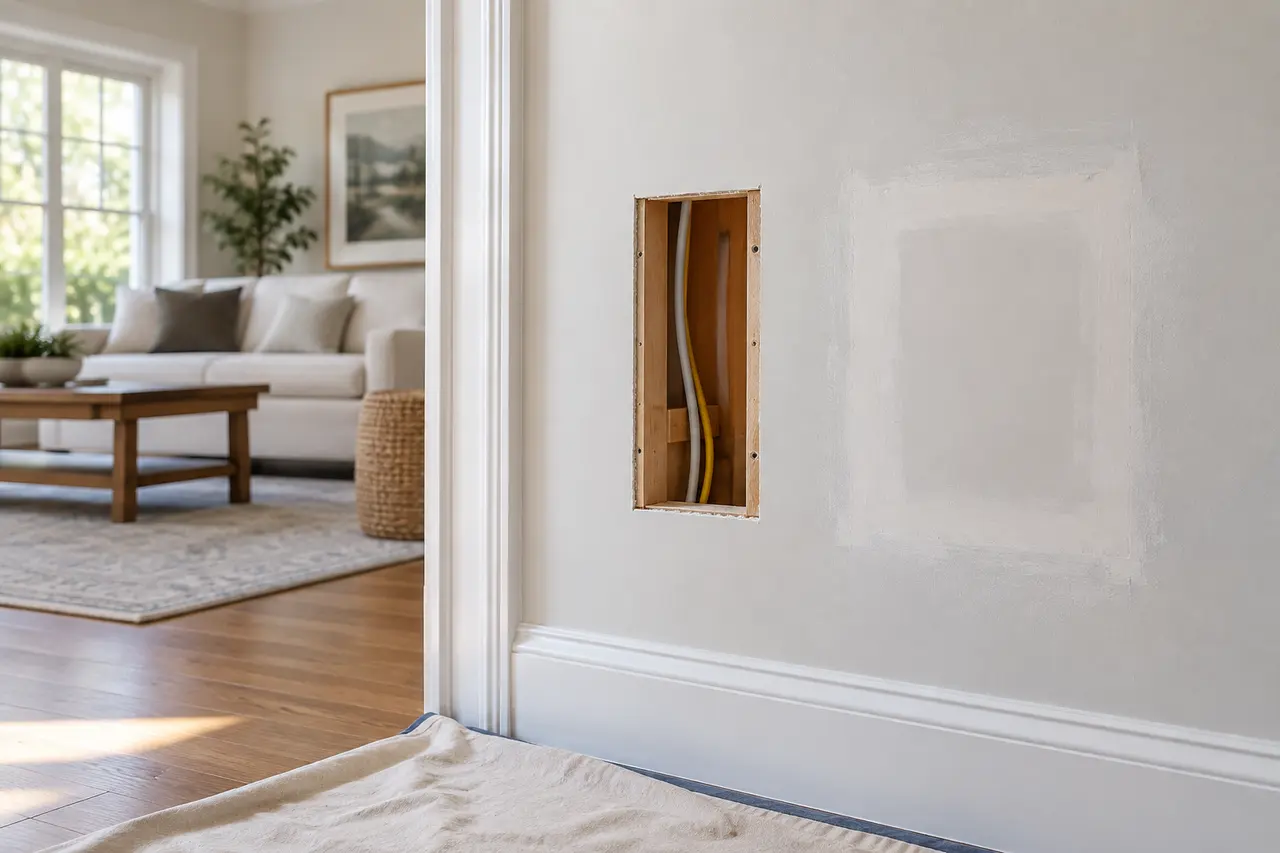 A wall with an opening beside a finished drywall repair